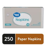 Front-facing Great Value napkins box showing logo, 'Napkins' text and 250 count badge