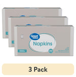Three boxed Great Value napkin packages in a staggered row with a '3 Pack' label below