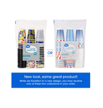 Graphic showing two possible Great Value insulated cup pack designs side by side with note about new look and same product