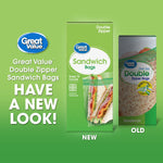 Promotional graphic showing new Great Value sandwich bags packaging next to the old box on a green background
