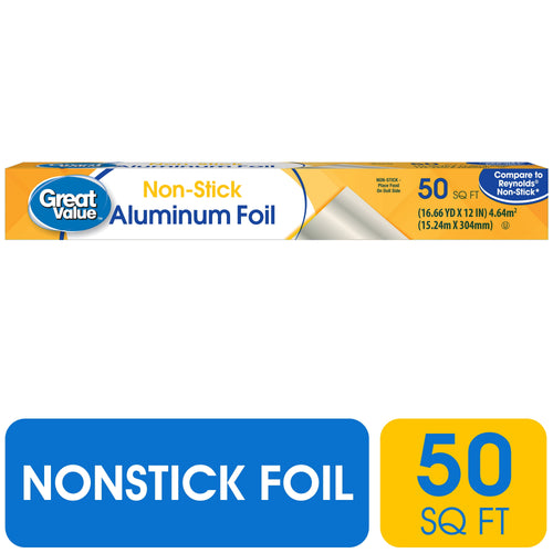 Great Value non-stick aluminum foil retail box with 50 sq ft callout on white background
