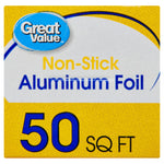 Close-up of Great Value packaging art reading ‘Non-Stick Aluminum Foil’ and a large ‘50 SQ FT’