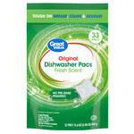 Front of a green Great Value Original Dishwasher Pacs pouch with 'Fresh Scent' label and 33 pac badge