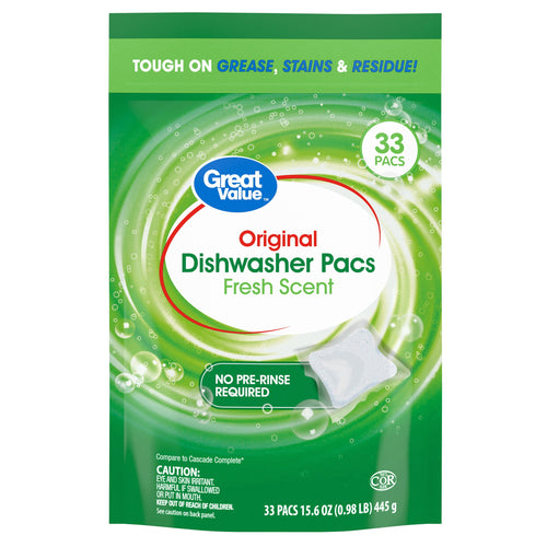 Front of a green Great Value Original Dishwasher Pacs pouch with 'Fresh Scent' label and 33 pac badge