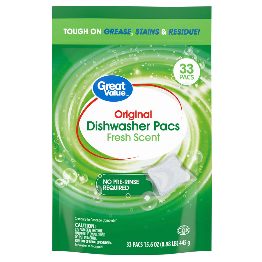 Front of a green Great Value Original Dishwasher Pacs pouch with 'Fresh Scent' label and 33 pac badge