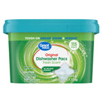 Great Value green rectangular tub of Original Dishwasher Pacs with teal lid and product label