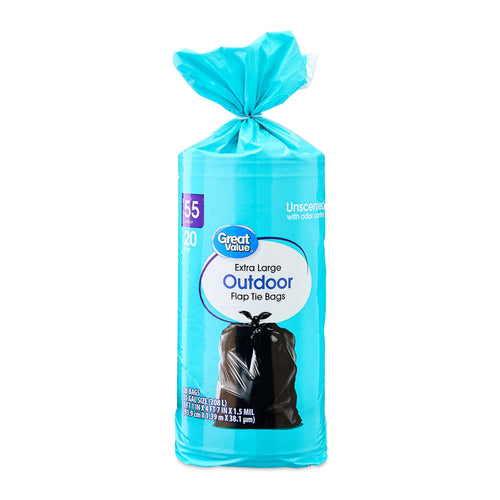 Turquoise wrapped roll of Great Value Extra Large Outdoor flap-tie trash bags with visible label and tied top on white background.