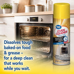 Great Value oven cleaner can beside an open kitchen oven with text about dissolving baked-on food and grease