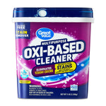 Front-facing Great Value multipurpose oxi-based cleaner tub with bold product name and colorful label