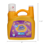 Yellow Great Value Oxi-Based laundry detergent jug shown with dimensional guides and purple front label