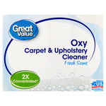 Close-up label artwork reading ‘Oxy Carpet & Upholstery Cleaner Fresh Scent’ with Great Value logo and 2X concentrated badge