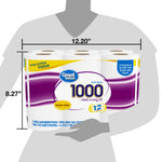 Graphic showing a silhouetted person holding the Great Value 1000 12-roll pack with measurements 12.20" by 8.27"