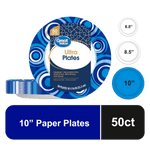 Packaged Great Value Ultra paper plates with blue swirl border and label showing product name and size