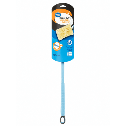 Great Value packaged heavy-duty extendable duster with blue handle and hanging card