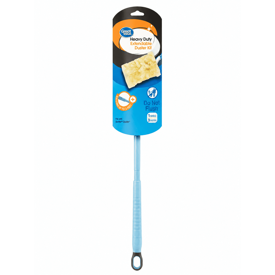 Great Value packaged heavy-duty extendable duster with blue handle and hanging card