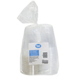 Packaged stack of clear Great Value plastic cups and lids in a tied clear plastic bag showing back label and barcode