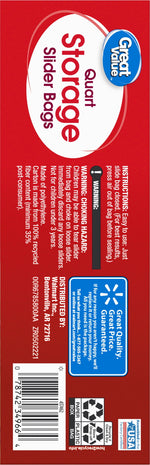 Close-up of Great Value red packaging panel with 'Quart Storage Slider Bags' title, barcode and recycling icons