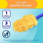 Packaging graphic stating fits with Swiffer duster and showing yellow duster head with callouts for 1 handle 3 dusters