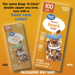Promotional image showing old and new Great Value Portion Snack Bags packaging with text about a fresh new color and 100 bags