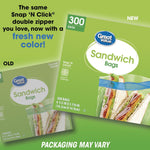 Promotional graphic showing old and new Great Value sandwich bag packaging with '300 bags' and packaging may vary text