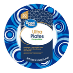 Great Value Ultra Plates packaging placed on a blue swirl patterned paper plate showing label and branding