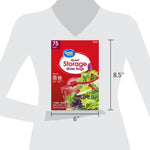 Product size overlay showing Great Value quart storage slider bags packaging with dimensions and silhouette for scale