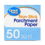 Close-up front panel of Great Value Non-Stick Parchment Paper box showing brand logo and large "50 SQ FT" text