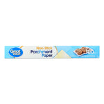 Great Value non-stick parchment paper roll box showing brand logo and '100 SQ FT' label on light blue packaging.