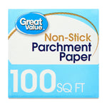 Close-up of Great Value Non-Stick Parchment Paper front panel highlighting the brand name and large '100 SQ FT' text.