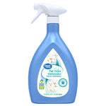Blue spray bottle of Great Value Pet Odor Eliminator fabric refresher with white trigger and product label