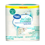 Great Value Pet Odor Eliminator twin-pack refill package with teal caps and pet image on front label.