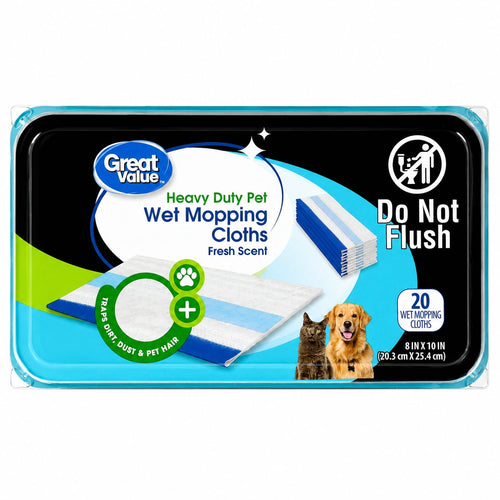 Great Value branded plastic package of heavy duty pet wet mopping cloths showing product image and pet icons