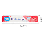 Great Value Plastic Wrap box on white background with overlayed measurements showing 12.375" width and 2.125" height