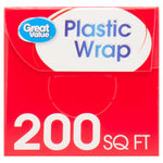 Close-up of the end panel of a Great Value Plastic Wrap box showing 'Plastic Wrap' branding and large '200 SQ FT' printing