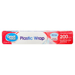 Great Value Plastic Wrap retail box showing front panel with brand logo and 'Plastic Wrap' text and 200 sq ft callout