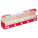 Open Great Value Plastic Wrap box displayed from an angle to show interior roll compartment and printed usage instructions on the flap