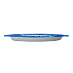 Profile view of a blue swirl Great Value paper plate showing thin rim and shallow bowl