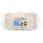 Back of a wrapped pack of white paper plates showing barcode, recycling icons and product information label