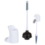Toilet plunger and toilet brush set with white caddy; black rubber plunger and white brush with gray handle accents