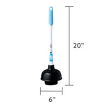 Great Value toilet plunger with white and aqua handle shown with 20" height and 6" cup dimension graphics
