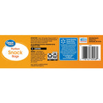 Close-up of Great Value product label strip showing portion snack bags branding, instructions, barcode and quality guarantee panel
