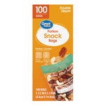 Great Value orange box for Portion Snack Bags showing 100 bags label and a partially transparent snack bag with measuring lines
