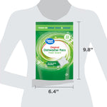 Scale diagram showing Great Value Original Dishwasher Pacs pouch with dimensions overlaid on a simplified torso silhouette