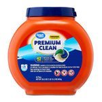 Front of an orange Great Value container labeled Premium Clean laundry pacs with blue lid and a torn-open pac image