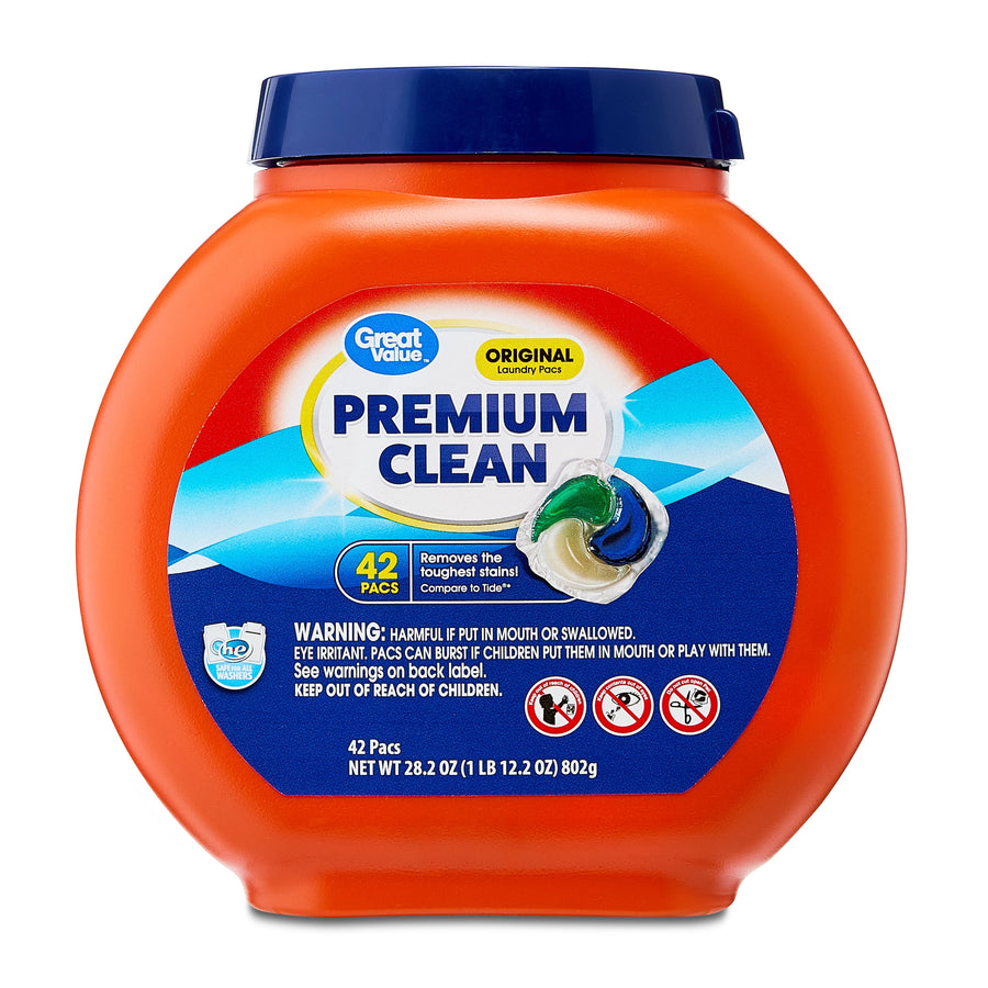 Front of an orange Great Value container labeled Premium Clean laundry pacs with blue lid and a torn-open pac image