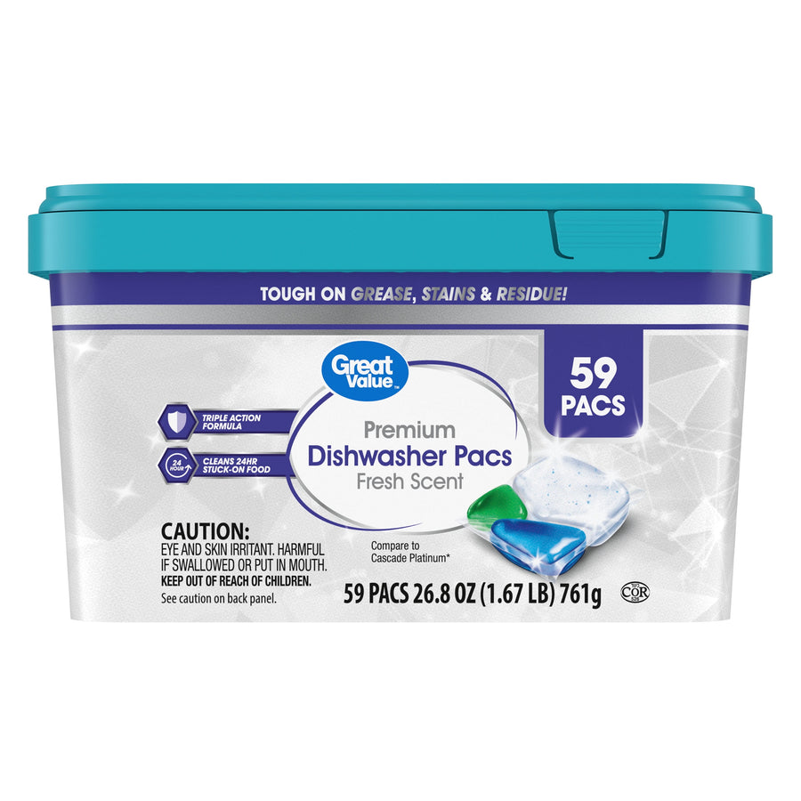 Great Value Premium Dishwasher Pacs plastic tub with teal lid showing 59 pacs label and product graphics
