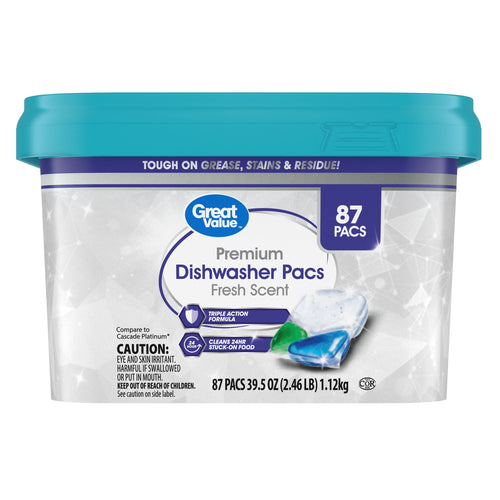 Great Value plastic tub of Premium Dishwasher Pacs with teal lid and product label showing 87 pacs.