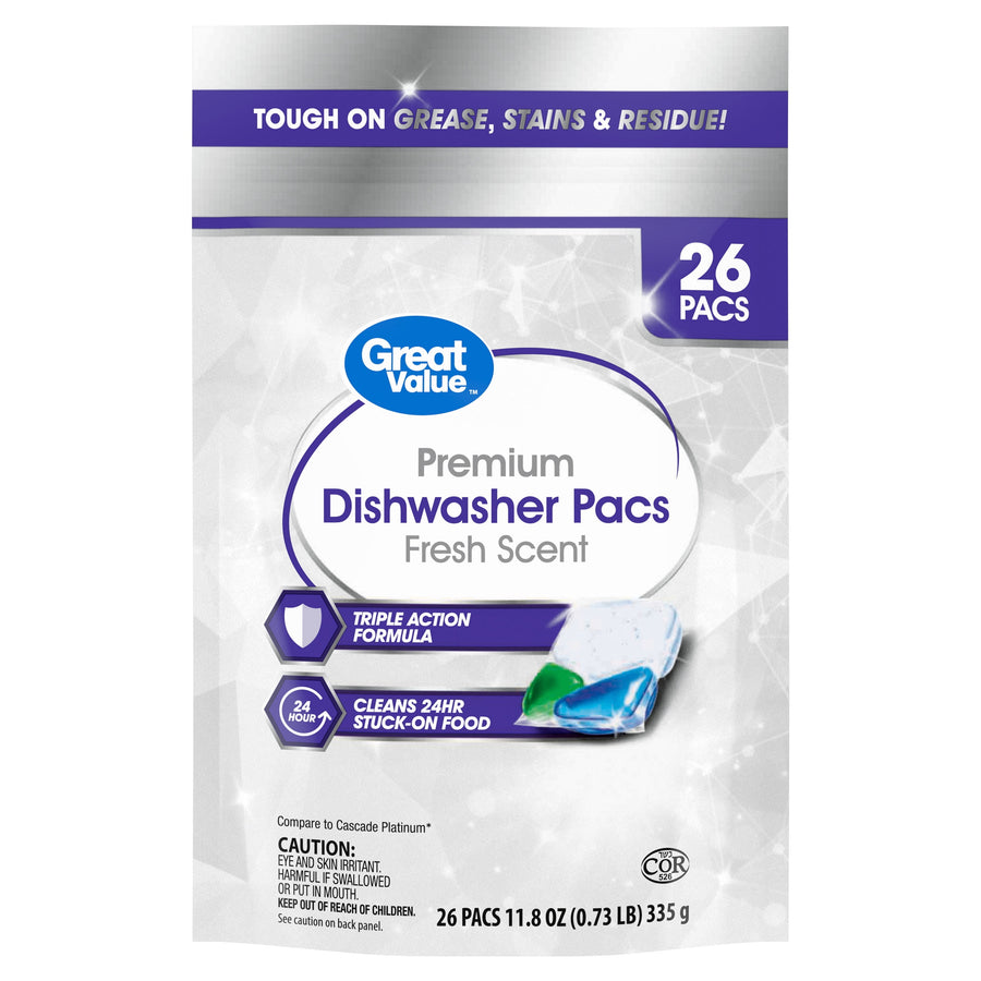 Front-facing pouch of Great Value Premium Dishwasher Pacs Fresh Scent with 26 pacs callout and product image