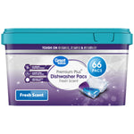 Great Value Premium Plus Dishwasher Pacs plastic tub with teal lid and purple front label showing '66 PACS' and fresh scent branding.