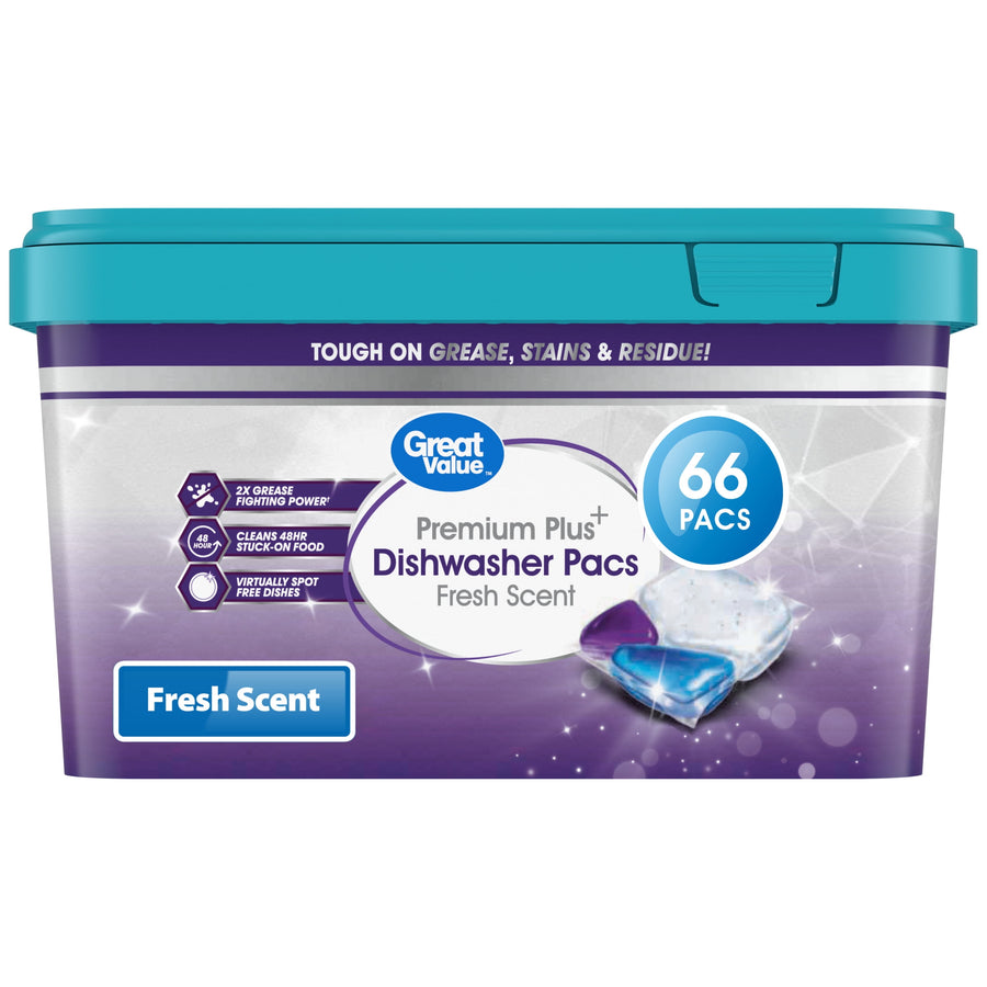 Great Value Premium Plus Dishwasher Pacs plastic tub with teal lid and purple front label showing '66 PACS' and fresh scent branding.